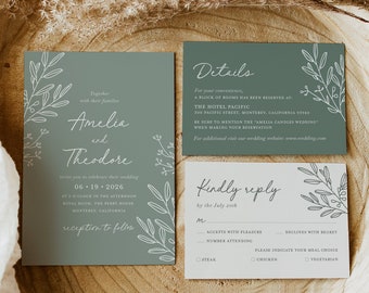 Sage Minimalist Wedding Invitation Template Set, Botanical Wedding Invite Suite, Elegant Greenery Details Card, Printable RSVP, Download