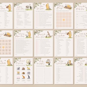 May include: A set of 10 printable Winnie the Pooh baby shower game cards. The cards feature Winnie the Pooh and Piglet illustrations and have titles such as "What's on your Phone?", "Guess Who Mom or Dad?", "Baby Animal Match", and "World Memory Match".
