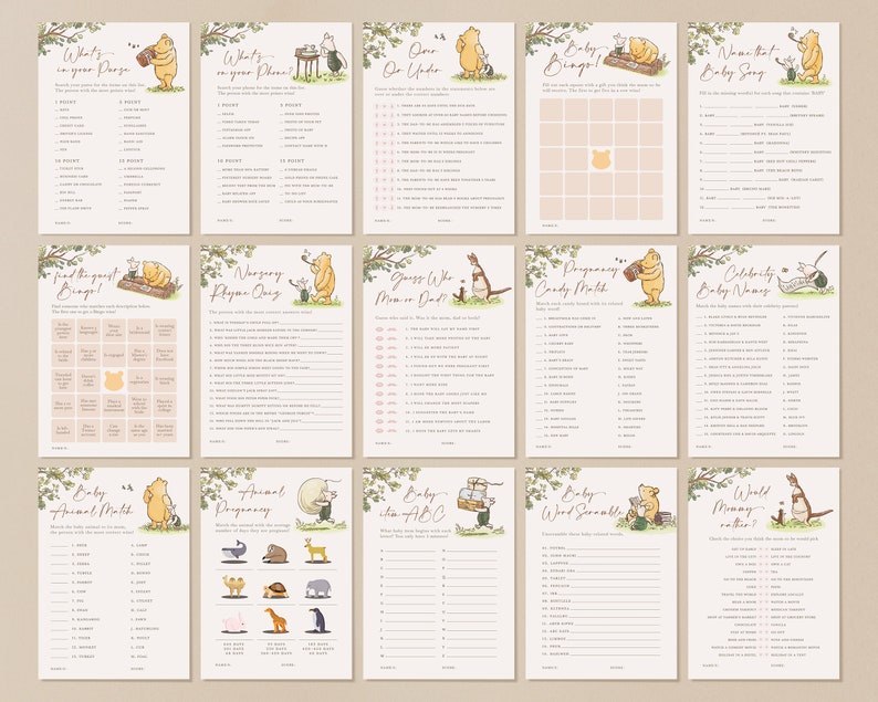 May include: A set of 10 printable Winnie the Pooh baby shower game cards. The cards feature Winnie the Pooh and Piglet illustrations and have titles such as "What's on your Phone?", "Guess Who Mom or Dad?", "Baby Animal Match", and "World Memory Match".