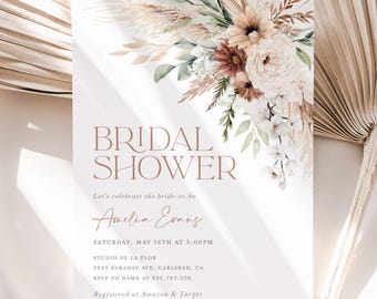 Boho Floral Bridal Shower Invitation Template, Sage Terracotta Bridal Brunch Invite, Printable Editable Elegant Pampas Shower, Download