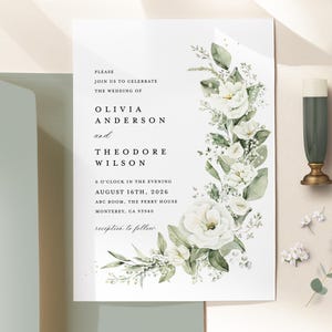 White Floral Wedding Invitation Template, Sage Green Boho Wedding Invitation Suite, Elegant Greenery Flower Minimal Printable Invite Set image 12