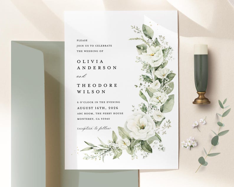 White Floral Wedding Invitation Template, Sage Green Boho Wedding Invitation Suite, Elegant Greenery Flower Minimal Printable Invite Set image 12