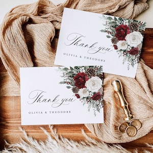 Modèle de Carte de remerciement pour mariage de Noël hiver, mot de remerciement floral bordeaux, marque de table de remerciement bohème pin rustique rose, téléchargement