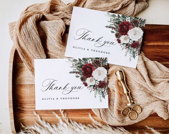 Winter Christmas Wedding Thank You Card Template, Burgundy Floral Thank You Note, Boho Rustic Pine Rose Thank You Table Place Card, Download