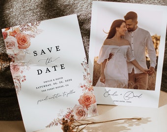 Terracotta Save The Date Cards Template, Photo Boho Floral Wedding Save The Dates, Burnt Orange Coral Pink Rose Save The Date Card, Download