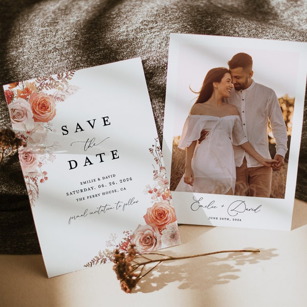 Terracotta Save The Date Cards Template, Photo Boho Floral Wedding Save The Dates, Burnt Orange Coral Pink Rose Save The Date Card, Download