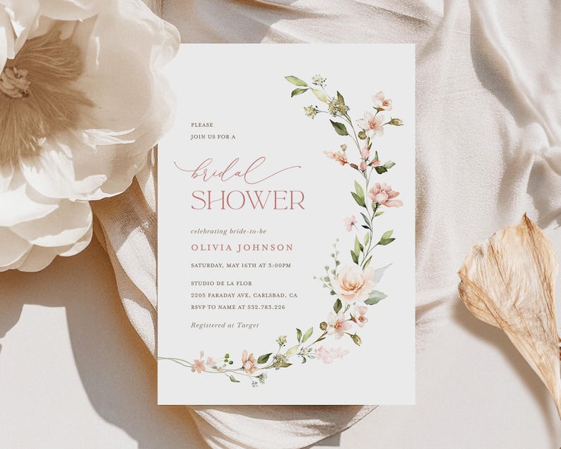 Boho Floral Bridal Shower Invitation Template, Blush Pink Minimalist Shower Invite, Printable Dusty Pale Rose Shower, Editable Invite, Leah image 9