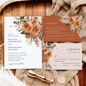 Terracotta Wedding Invitation Template Set, Boho Floral Wedding Invite Suite, Modern Burnt Orange Rose Elegant Details, Pampas RSVP