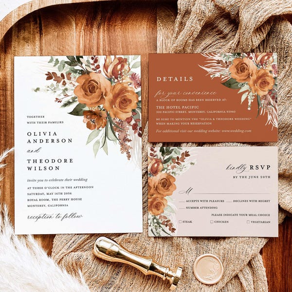 Plantillas de invitación de boda en terracota, conjunto de invitaciones florales bohemias, detalles elegantes en rosa naranja quemada moderna, Pampas RSVP