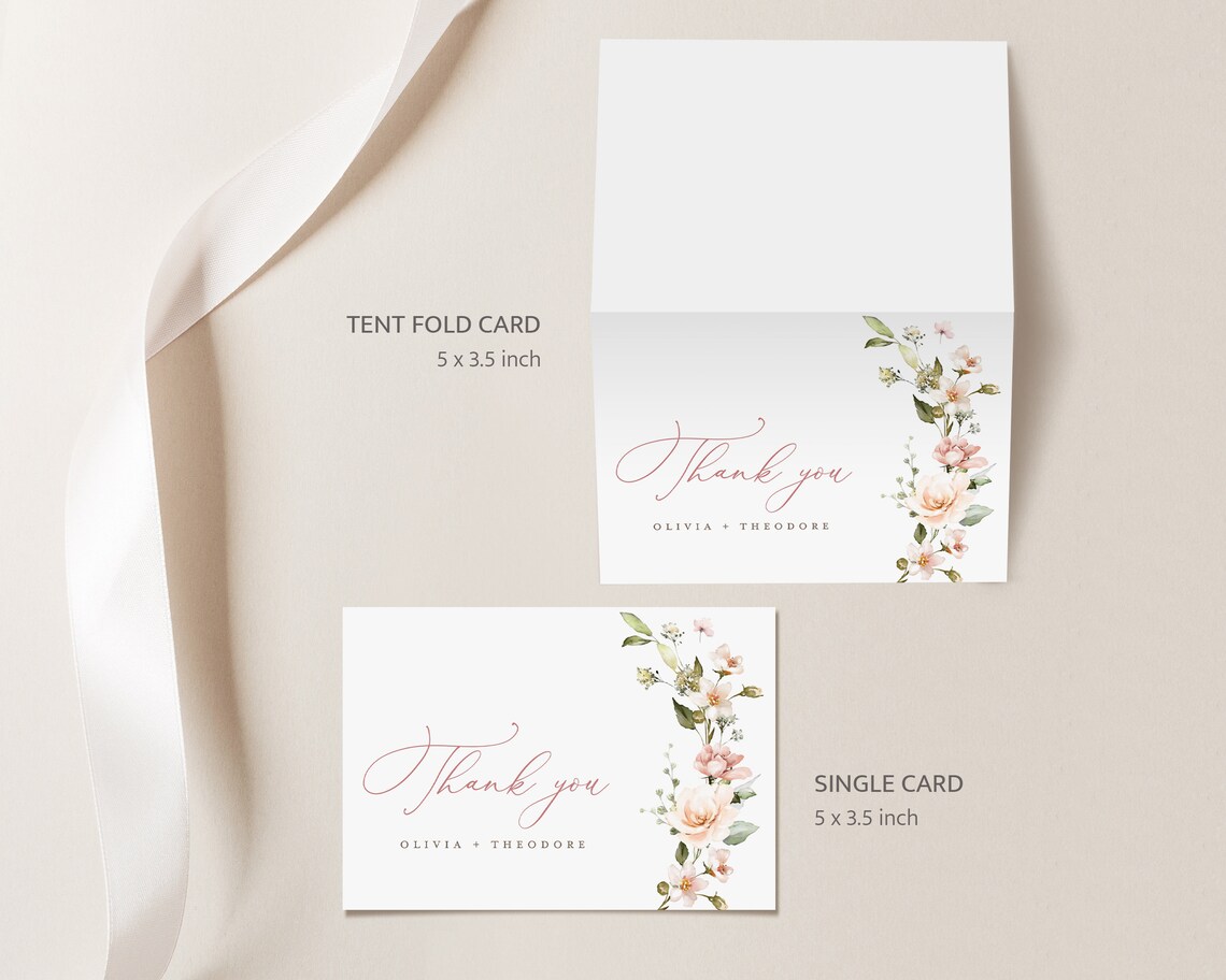 Boho Floral Wedding Thank You Card Template, Blush Pink Thank You Note ...