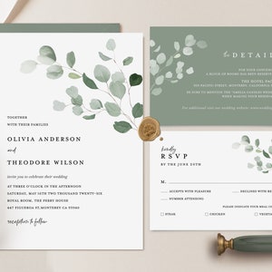 Salbei Grün Minimal Hochzeitseinladung Vorlage, Eukalyptus Moderne Invite Set, Rustikale grüne botanische Detailkarte, druckbare Antwortkarte