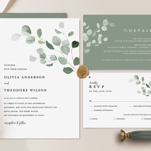 Sage Green Minimal Wedding Invitation Template, Eucalyptus Modern Invite Set, Rustic Greenery Botanical Details Card, Printable RSVP