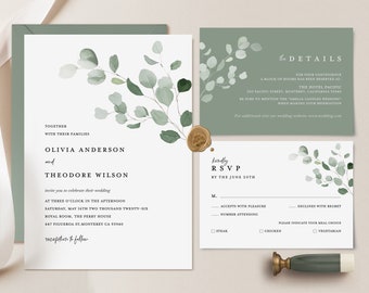 Sage Green Minimal Wedding Invitation Template, Eucalyptus Modern Invite Set, Rustic Greenery Botanical Details Card, Printable RSVP