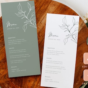 Szablon minimalistycznego menu weselnego Sage Green, nowoczesne karty menu weselnego z motywem botanicznym, eleganckie proste menu kolacji z zielenią, natychmiastowe pobranie