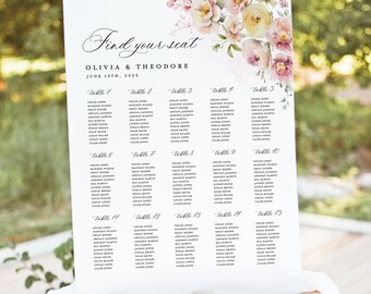 Blush Pink Yellow Wedding Seating Chart Sign Template, Floral Printable Large Guest Seating Chart, Boho Elegant Garden Table Seating Board