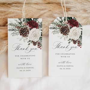 Winter Christmas Wedding Favors Tag Template, Burgundy Thank You Tag, Floral Boho Rustic Gift Tag, Printable Square Circle Tag For Favors