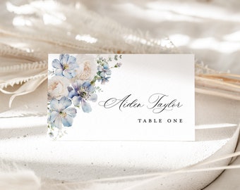 Dusty Blue Wedding Place Card Template, Ivory Name Escort Card, Floral Boho Light Blue Printable Table Place Cards With Meal Choice Download