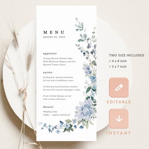 Szablon karty menu weselnego boho, menu przyjęcia w kolorze zakurzonego błękitu z dzikimi kwiatami, eleganckie menu kolacji w jasnoniebieskim kolorze do wydrukowania, natychmiastowe pobranie
