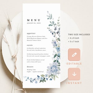 Boho Wedding Menu Cards Template, Dusty Blue Wildflower Reception Menu, Printable Elegant Floral Light Blue Dinner Menu, Instant Download