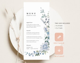 Boho Wedding Menu Cards Template, Dusty Blue Wildflower Reception Menu, Printable Elegant Floral Light Blue Dinner Menu, Instant Download