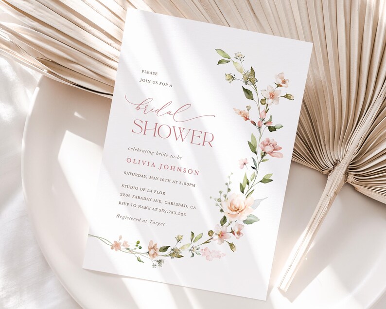 Boho Floral Bridal Shower Invitation Template, Blush Pink Minimalist Shower Invite, Printable Dusty Pale Rose Shower, Editable Invite, Leah image 15