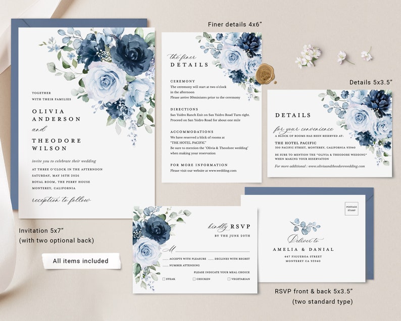Dusty Blue Navy Wedding Invitation Template Set, Floral Boho Wedding Invites Suite, Elegant Garden Steel Light Blue Rose Details RSVP image 3