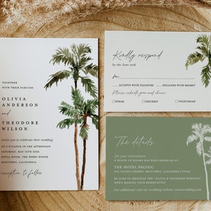 Palm Tree Wedding Invitation Template Set, Destination Beach Tropical Wedding Invite Suite, Boho Sage Details Card, Printable RSVP, Download