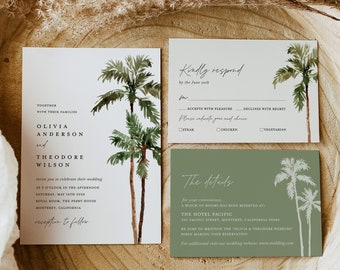 Palm Tree Wedding Invitation Template Set, Destination Beach Tropical Wedding Invite Suite, Boho Sage Details Card, Printable RSVP, Download