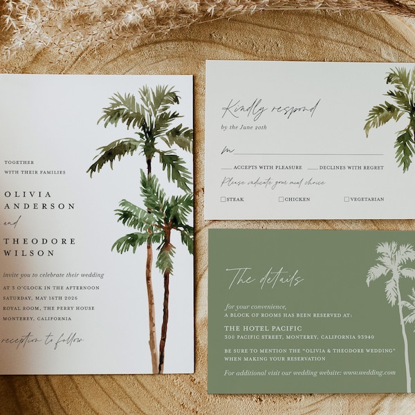 Palme Hochzeitseinladung Vorlage Set, Ziel Strand Tropische Hochzeit Invite Set, Boho Sage Details Karte, druckbare Antwortkarten, Download