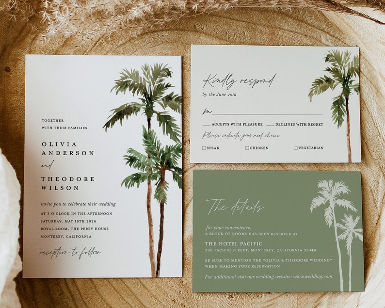 Palm Tree Wedding Invitation Template Set, Destination Beach Tropical Wedding Invite Suite, Boho Sage Details Card, Printable RSVP, Download image 1