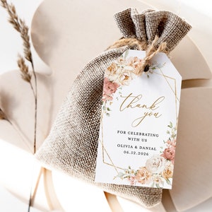 Dusty Rose Wedding Favors Tag Template, Boho Blush Thank You Tag, Elegant Gold Floral Shower Gift Tag, Printable Tag For Favor, Download