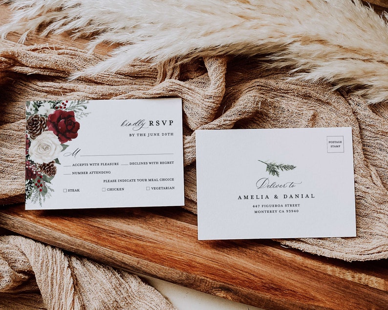 Winter Christmas Wedding Invitation Template Set, Burgundy Floral Wedding Invites Suite, Boho Rustic Forest Pine Rose RSVP Details Card image 5