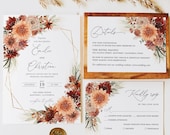 Terracotta Wedding Invitation Template, Boho Floral Wedding Invite Suite, Elegant Gold Geometric Burnt Orange Details RSVP, Instant Download