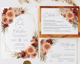 Terracotta Wedding Invitation Template, Boho Floral Wedding Invite Suite, Elegant Gold Geometric Burnt Orange Details RSVP, Instant Download