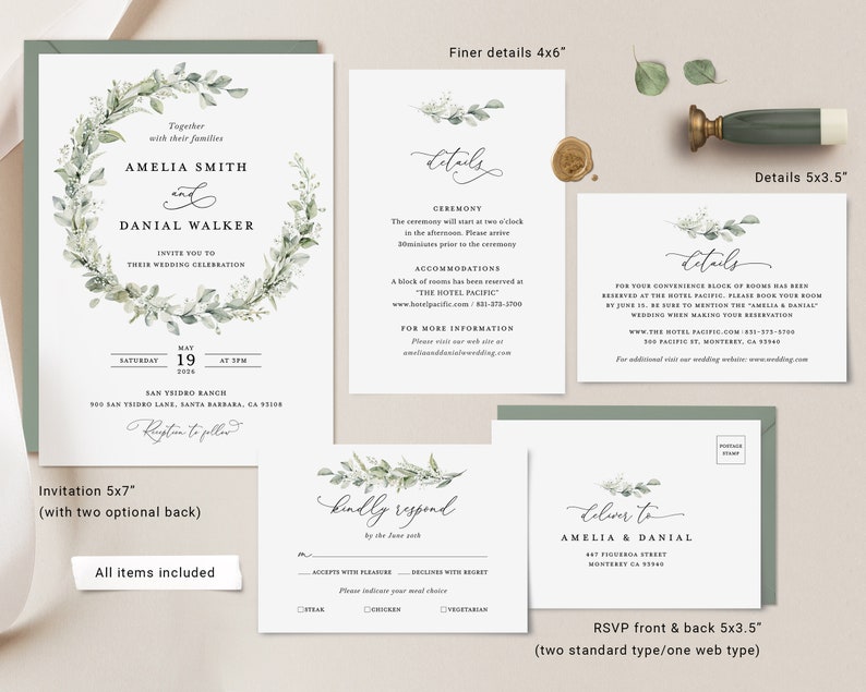 Sage Boho Wedding Invitation Template, Greenery Wedding Invite Set, Elegant Eucalyptus Minimalist Editable Details Card, Printable RSVP image 6