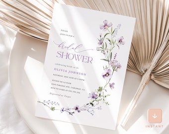 Boho Lavender Bridal Shower Invitation Template, Lilac Wildflower Shower Invite, Printable Floral Bridal Brunch Invite, Download, Lana