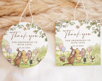 Winnie The Pooh Thank You Favors Tags Template, Baby Shower Editable Tag, Printable Classic Pooh Thanks Round Circle Square Tags, Download