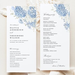 Może przedstawiać: Elegancki program ślubny z kwiatowym wzorem niebieskich i białych hortensji. Program zawiera szczegóły ślubu, w tym nazwiska pary, Olivii Anderson i Theodore'a Wilsona, oraz listę gości.