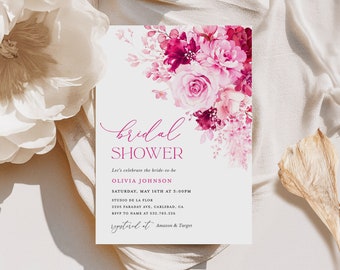 Hot Pink Bridal Shower Invitation Template, Floral Elegant Bridal Brunch Invite, Printable Editable Magenta Fuchsia Shower Invites, Download