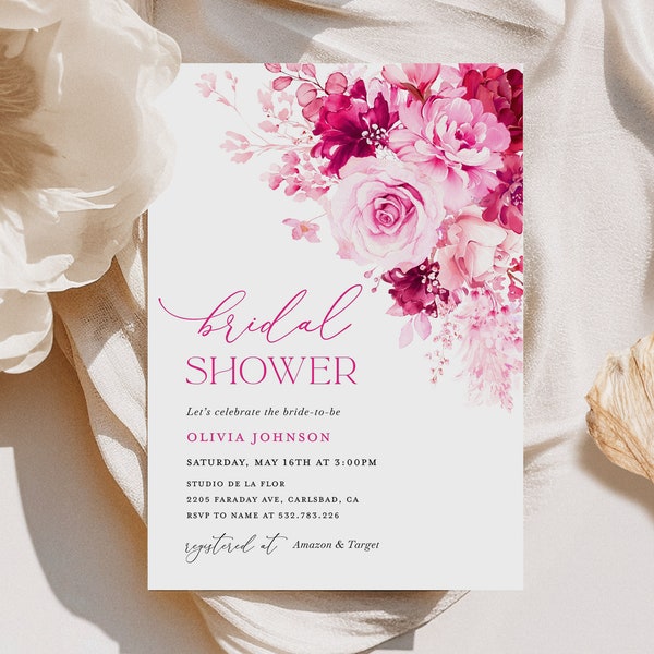 Hot Pink Bridal Shower Invitation Template, Floral Elegant Bridal Brunch Invite, Printable Editable Magenta Fuchsia Shower Invites, Download