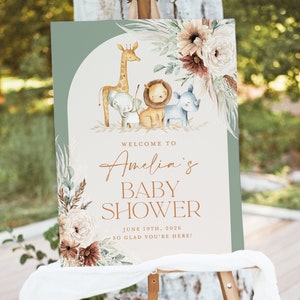 Boho Sage Safari-Babyparty-Willkommensschild-Vorlage, bearbeitbares Dschungeltier-Baby-Dusche-Schild, Beige Bogen-Willkommensplakat, sofortiger Download