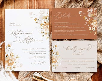 Boho Floral Wedding Invitation Template Set, Terracotta Wedding Invite Suite, Minimal Elegant Burnt Orange Details Card, Printable Rust RSVP
