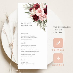 Modèle de cartes de menu de mariage bordeaux Blush rose, menu de réception floral bohème, imprimable menu du dîner rose marsala marsala sauge, téléchargement
