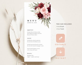 Burgundy Blush Pink Wedding Menu Cards Template, Boho Floral Reception Menu, Printable Sage Marsala Maroon Rose Dinner Menu, Download