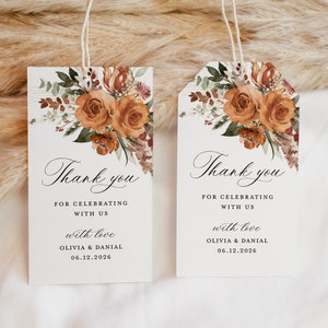 Modèle d'étiquette de faveurs de mariage en terre cuite, étiquette de remerciement bohème, étiquette cadeau florale orange brûlé pour la douche, étiquette cercle carré imprimable pour des faveurs