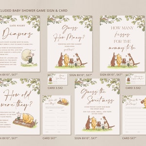 May include: A set of Winnie the Pooh themed baby shower game signs and cards. The signs are 8x10 inches and the cards are 5x7 inches. The games include "Late Night Diapers", "Guess How Many", "How Many Kisses for the Mommy-to-Be", "How Old Were They", and "Guess the Sweetness".