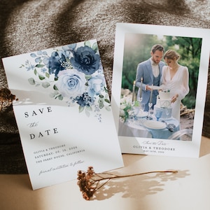 Staubig Blau Marine Save The Date Karten Vorlage, Foto Floral Stahl Hellblau Hochzeit Save The Dates, Elegant Boho Save The Date, Download