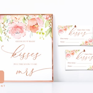 Bruidsdouchespel Raad eens hoeveel kussen Tekenkaart Blush Roze Bloemen Rose Goud Tafeldecor Babydouche Raadspel Direct downloaden