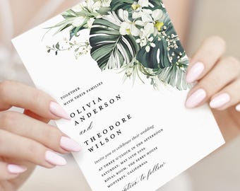Plantilla de invitación de boda tropical, invitaciones de boda con palmera monstera salvia, invitaciones de playa bohemias imprimibles, descarga