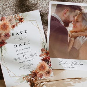 Modèle réservez une date en terre cuite, mariage floral bohème photo réservez des dates, élégantes cartes réservez la date or orange brûlé, téléchargement
